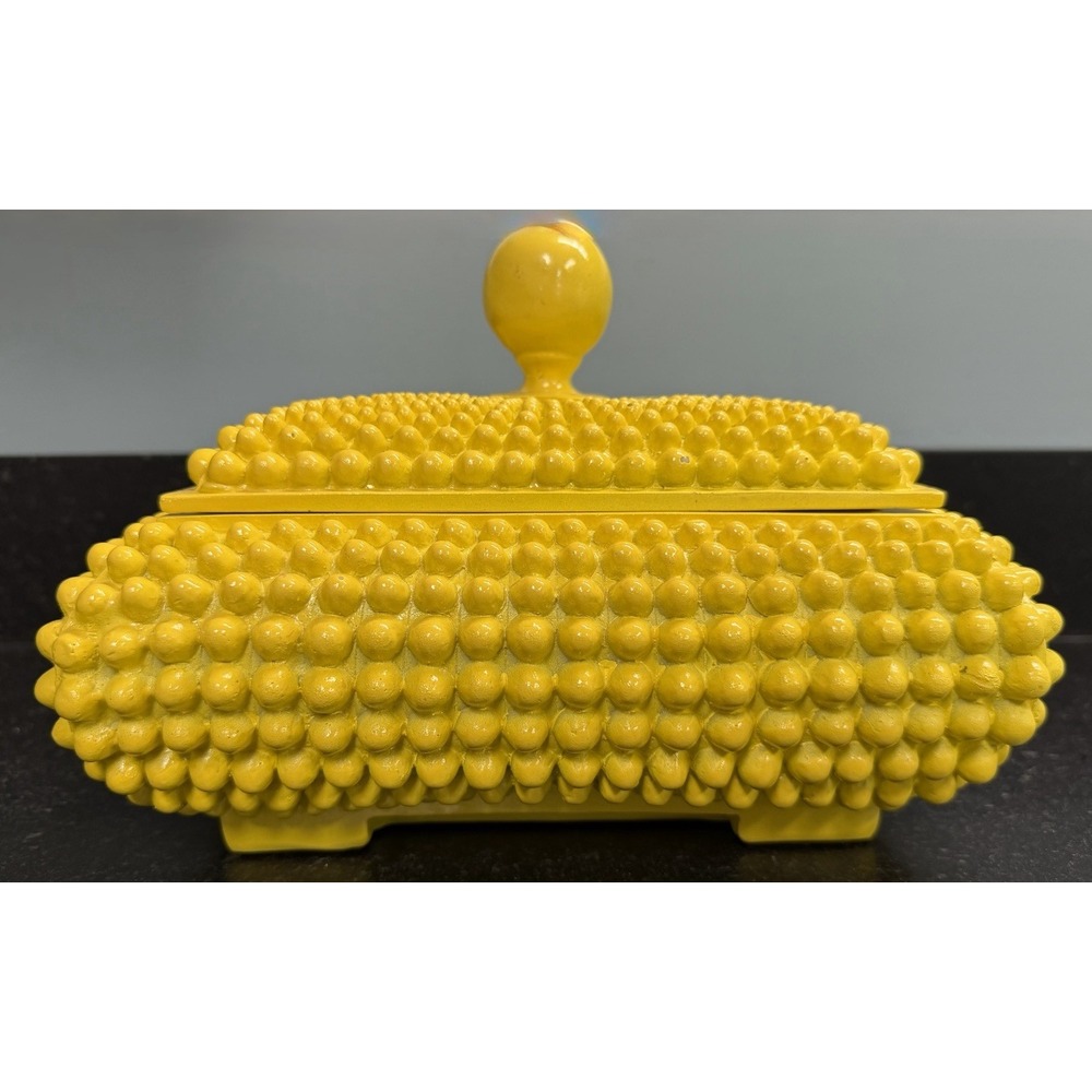 Vintage Yellow Hobnail Lidded Box Hollywood Regency Beaded Trinket Decor 10"